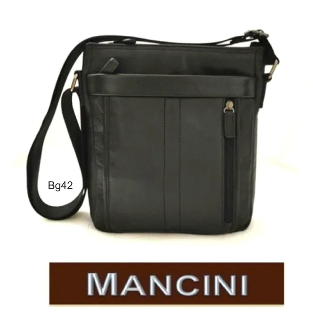 MANCINI Unisex Black Leather Vertical Messenger Bag Padded Shoulder Crossbody